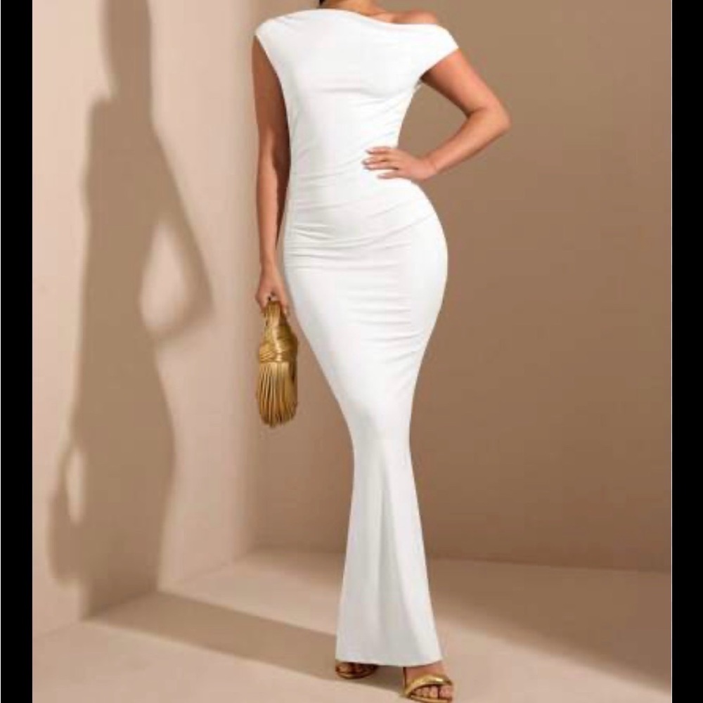 white one-shoulder ruched bodycon midi dress